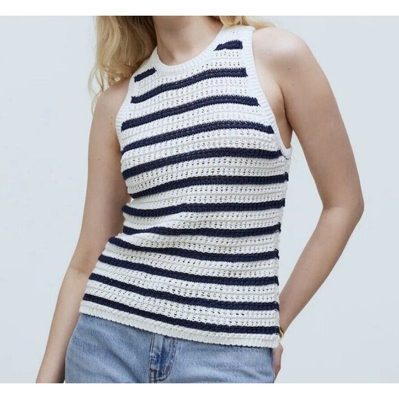 MADEWELL Crochet-Knit Crewneck Sweater Tank‎ Bright Ivory Striped SMALL NWT - Picture 1 of 11